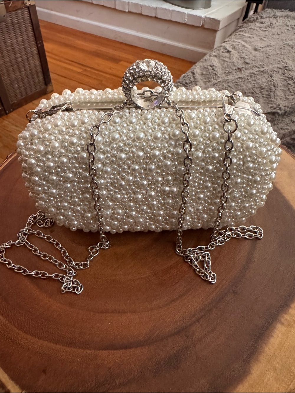 Pearl Beaded White Evening Clutch with Chain Strap